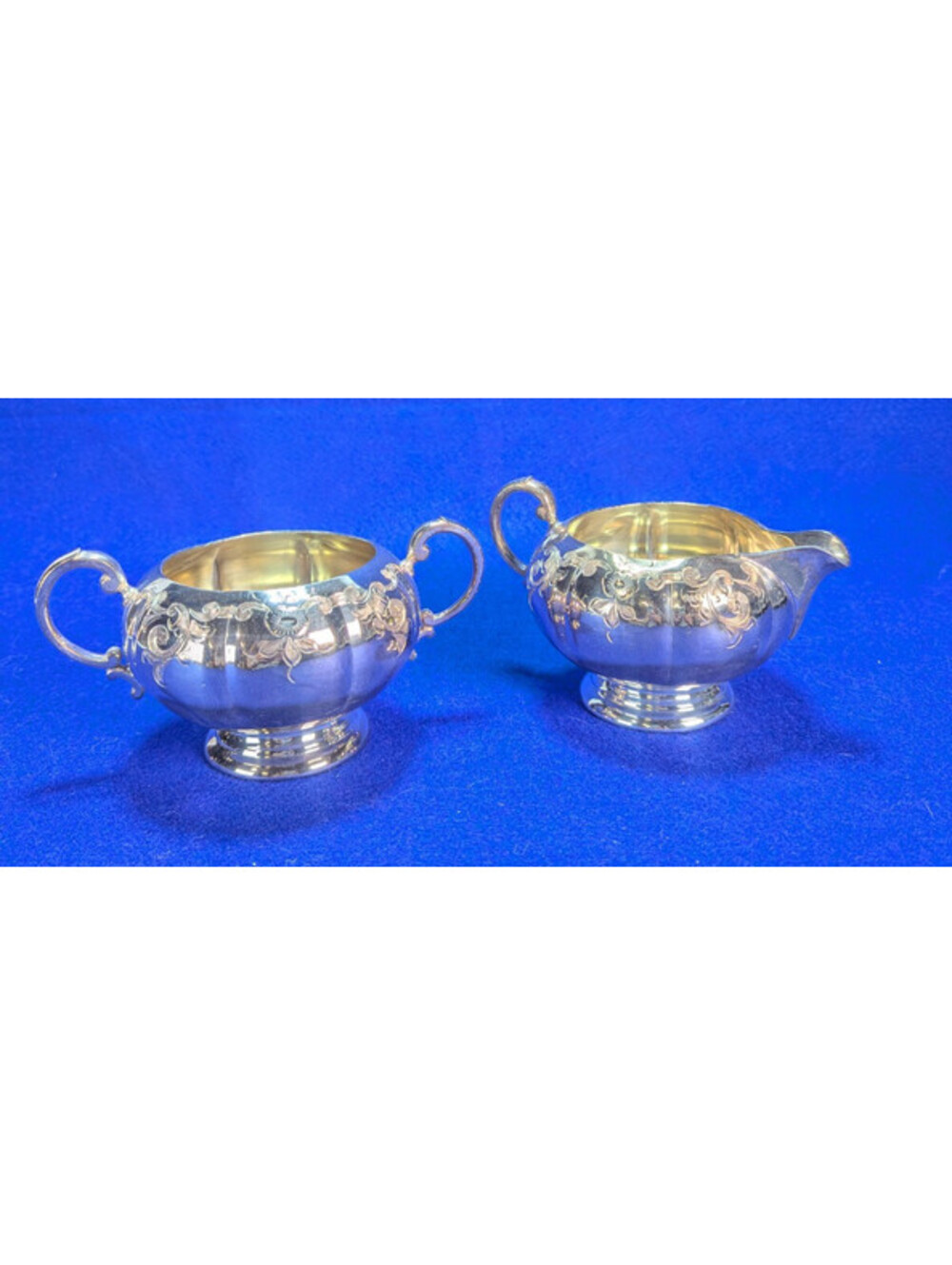 Vintage Silver Plate Cream & Sugar Victorian Etched Fancy Dinner Service 3"x 4"